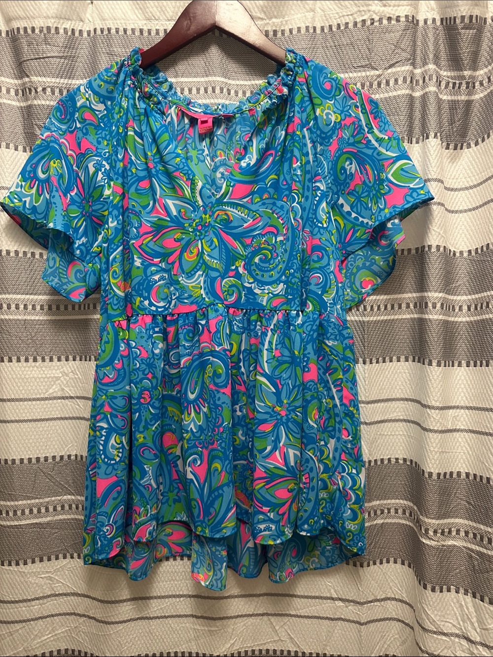 Lilly Pulitzer Blue Pink Green Paisley Peasant Top